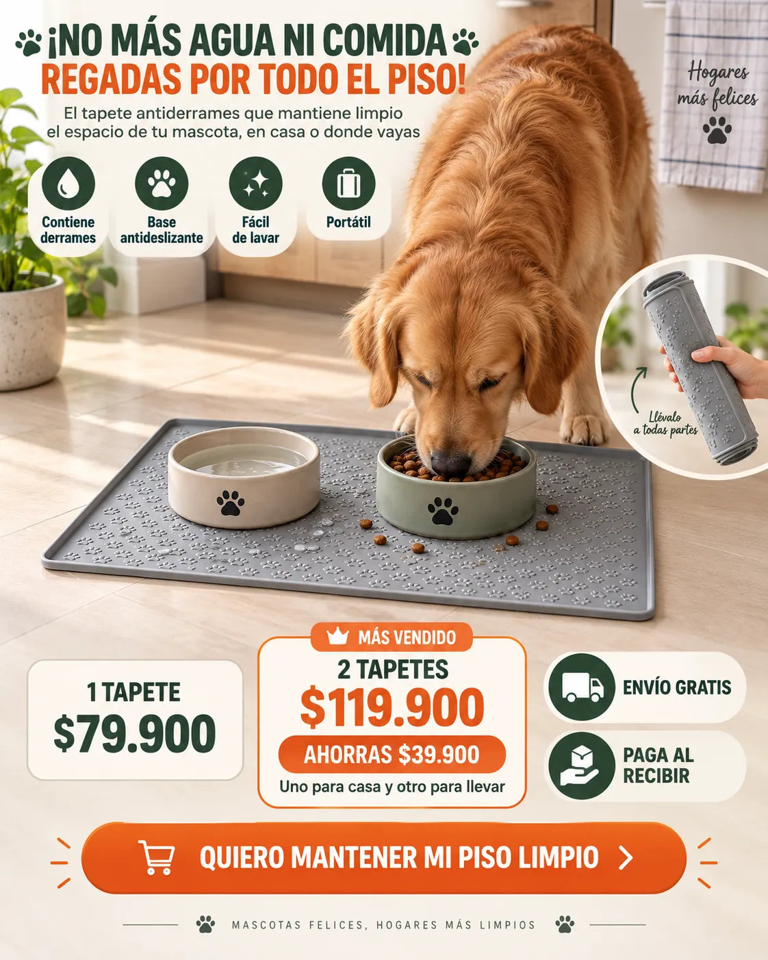 Tapete comida mascotas portatil | Antiderrames